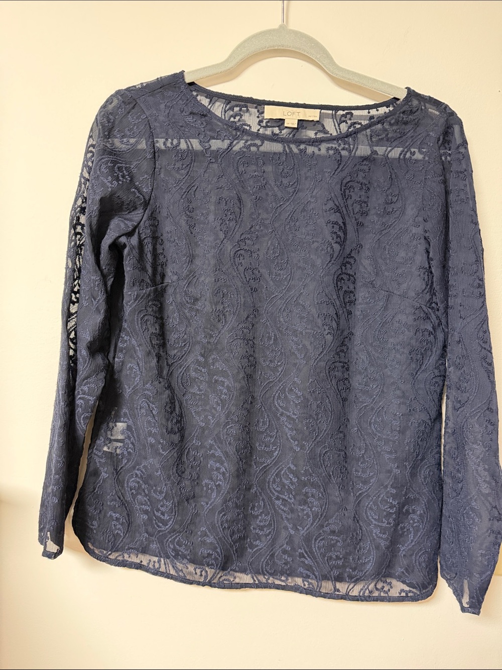 LOFT Navy Paisley Lace Long-Sleeve Top